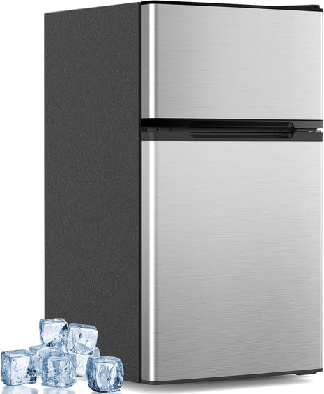 Electactic 3.2 Cu.Ft Mini Fridge with Freezer, Compact Refrigerator with 2 Doors, Small Fridge with Adjustable Thermostat & Removable Glass Shelves for Bedroom, Office, Dorm, or Apartment, Silver