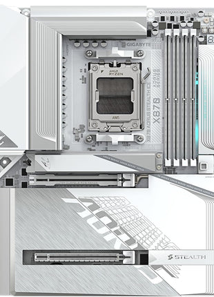 GIGABYTE X870 AORUS Stealth ICE Reverse-Connect ATX Motherboard, Support AMD Socket AM5 Processors, DDR5, 16+2+2 Power Phase, 4X M.2, PCIe 5.0, USB4, WIFI7, 5GbE, PCIe EZ-Latch Plus, 5 Year Warranty