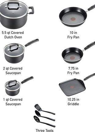 T-Fal Signature Nonstick Pots and Pans Set 12 Piece, Oven Broiler Safe 350F, Kitchen Cookware Set w/Fry Pans, Saucepans, Saute Pan, Dutch Oven, Griddle, Kitchen, Home, Dishwasher Safe, Black