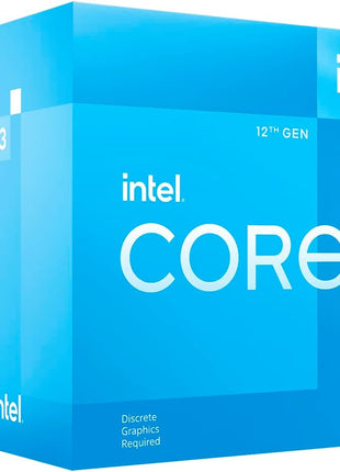 Intel® CoreTM 12th Gen i3-12100F desktop processor, featuring PCIe Gen 5.0 & 4.0 support, DDR5 and DDR4 support. Discrete graphics required.
