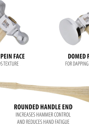 The Beadsmith Two-Sided Chasing Hammer - 10.75 Inches Wooden Handle, 2.25 inch Steel Head with a 14mm Ball Pein & 1.1 inch/ 28mm Domed Face - Tool Used to Add Texture and Dimension to Metalwork, 4oz./113g