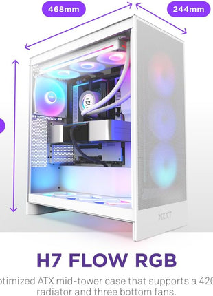 NZXT H7 Flow RGB - Mid-Tower ATX Airflow PC Case - White | Airflow ATX build with pre-installed 360mm RGB fan unit. Bottom GPU cooling and CAM-ready lighting out of the box.