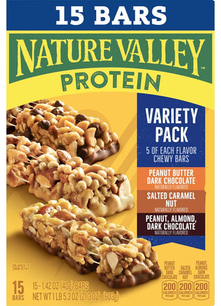Nature Valley Protein Bars Variety Pack, Gluten Free Chewy Granola Snack Bars, 10g Protein, Peanut Butter Dark Chocolate, Salted Caramel Nut, Peanut Almond Dark Chocolate, 15 Count, 21.3 oz Box