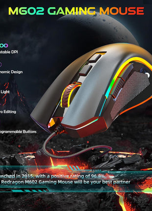 Redragon M602 Gaming Mouse, Ergonomic RGB Gaming Mouse Wired with 7200 Adjustable DPI, 9 Programmable Buttons, Professional Software for Gamer Office [Black]
