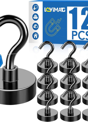 LOVIMAG Black Magnetic Hooks, 30Lbs Strong Magnetic Hooks Heavy Duty with Epoxy Coating for Refrigerator, Magnetic Cruise Hooks for Hanging, Classroom, Office, and Kitchen - Pack of 12
