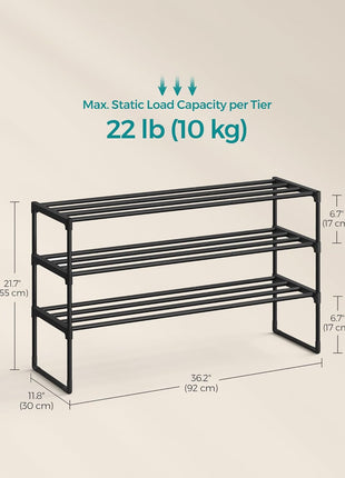 SONGMICS Shoe Rack, 3-Tier Shoe Organizer, Metal Storage Shelf, Upright or Upside Down, for 16-20 Pairs, Stackable, for Entryway, 11.8 x 36.2 x 21.7 Inches, Black ULSA303B02