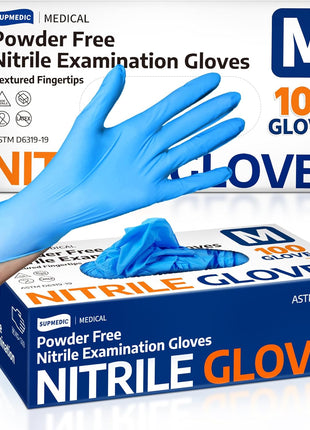 Supmedic Medical Nitrile Exam Gloves, Latex Free, Powder Free, Food Safe, Cooking Food Prep, Disposable Gloves, Blue, 100 Pcs (Medium)