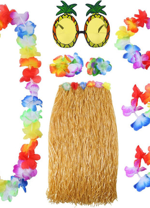 Elcoho 8 Pieces Hawaiian Hula Grass Skirt Sunglasses Leis Necklace Bracelet Set
