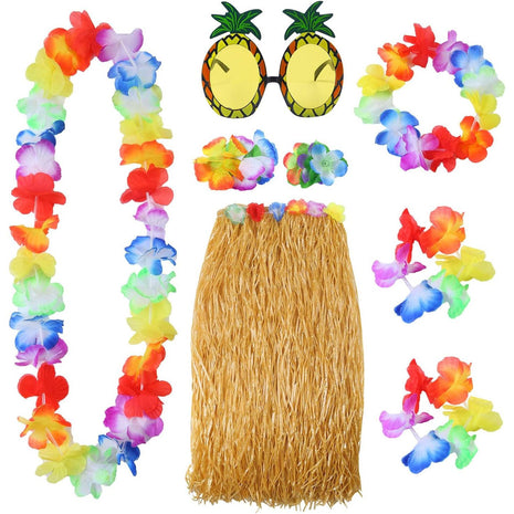 Elcoho 8 Pieces Hawaiian Hula Grass Skirt Sunglasses Leis Necklace Bracelet Set