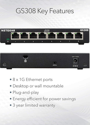 NETGEAR 8-Port Gigabit Ethernet Unmanaged Essentials Switch (GS308) - Home Network Hub, Office Ethernet Splitter, Plug-and-Play, Silent Operation, Desktop or Wall Mount
