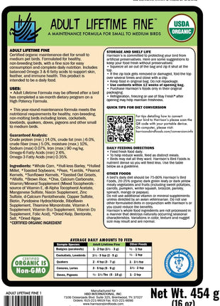 Harrison's Bird Foods Bird Food Adult Lifetime Fine Certified Organic Non-GMO Formula Bird Food 1lb