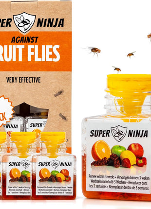 Super Ninja Fruit Fly Traps for Indoors - 4 Pack, Highly Effective Fruit Fly Catcher for Indoor Use for Home & Kitchen, Up to 3 Weeks of Performance per Bottle, Kid & Pet Friendly