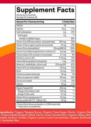 SmartyPants Organic Kids Multivitamin Gummies: Probiotics, Omega 3 (ALA), Vitamin D3, C, Vitamin B12, B6, A, K & Zinc for Immune Support, Biotin, Three Fruit Flavors, 120 Count (30 Day Supply)