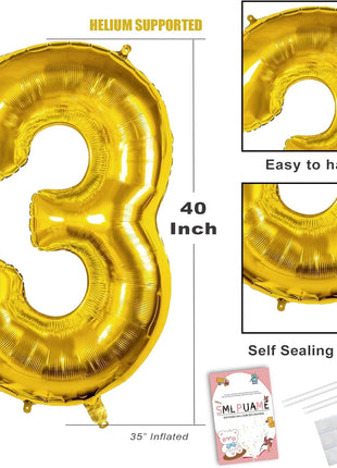 40 Inch Gold Number 3 Balloon, 3rd Birthday Decoration Boys Girls | Large Self Inflating Number Balloons, Mylar Foil Helium Balloon for Women Men Party Anniversary Supplies Reusable