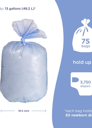Ubbi Diaper Pail Plastic Bags, 13-Gallon Capacity, 3 Pack, 75 Count | Disposable Baby Waste Bags, Made from 50% Recycled Material, Each Bag Holds Up To 50 Newborn Diapers