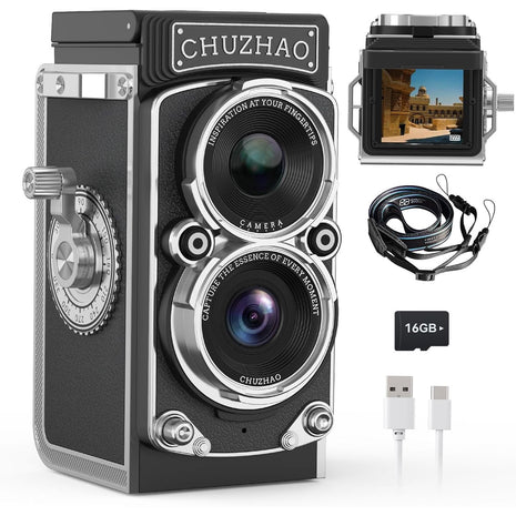 Mini Vintage Digital Camera, Portable Retro Twin-Lens Reflex Style Digital Camera with 16GB Card, 12MP Photos, Autofocus, 1080P FHD Video, 1000mAh Battery and Dual Filters, Perfect for Boys & Girls