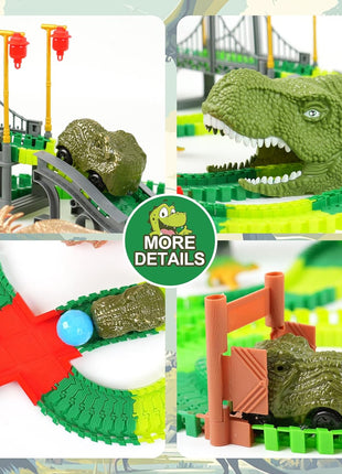 Dinosaur Race Track Toy for Kids Ages 3-6 | Flexible Track Playset with 2 Light-Up Dino Cars, 8 Dinosaur Figures, Tunnel, Bridge & Accessories, Buildable Gift for Boys
