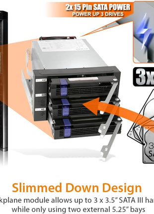 ICY DOCK 3 Bay 2.5"/ 3.5in SATA/SAS Hard Drive SSD Hot Swap Backplane Enclosure in 2X 5.25 Bay | FatCage MB153SP-B