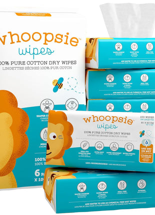 Whoopsie Wipes – The Original 100% Pure Cotton Dry Baby Wipes (600 Count) | Unscented, Ultra-Soft, Chemical-Free Wipes for Sensitive Skin, Lint-Free, Use Dry or Wet, Tear-Resistant, Biodegradable