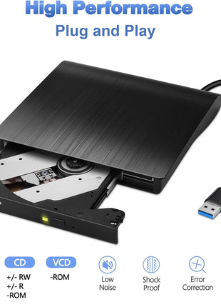 External CD/DVD Drive for Laptop, Portable CD DVD Player, USB 3.0 A, Black | CD ROM burner compatible with Laptop Desktop PC Windows Linux OS Apple Mac record music videos install software backup