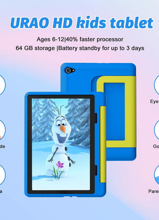 Urao Kids Tablet, Android 15 Tablet for Kids 10 inch Octa-Core with Case, 20GB RAM 64GB ROM 1TB TF Card Expandable for Toddler Children, Parental Control, Dual Camera, WiFi,Gift