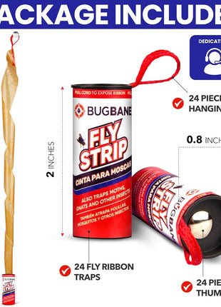 Fly Strips Indoor Sticky Hanging 24pk with Pins. Non Toxic Outdoor Fly Trap Indoor for Home. Flies Tape Paper Trap Ribbon Roll for House Gnat Fruit and Housefly. Bug Catchers for Inside Home Flypaper
