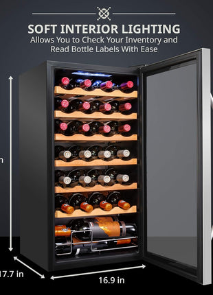 Ivation 28 Bottle Compressor Wine Cooler Refrigerator w/Lock | Large Freestanding Wine Cellar For Red, White, Champagne or Sparkling Wine | 41f-64f Digital Temperature Control Fridge Stainless Steel