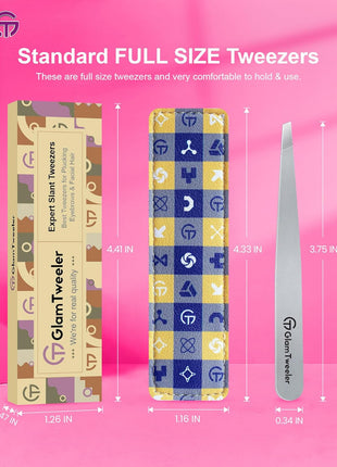 Expert Slant Tip Tweezers with Leather Case, GlamTweeler Sharp & Precision Stainless Steel Tweezer for Eyebrows, Facial Hair and Fine Hairs Removal (Silver)