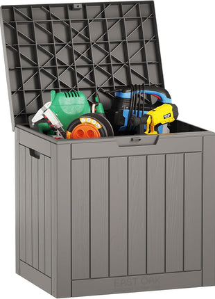 EAST OAK 120 Gallon Outdoor Storage Box | Large Resin Deck Box with Reinforced Stainless Steel Support | Waterproof & UV-Resistant Patio Storage Box for Cushions, Garden Tools & Accessories, Grey