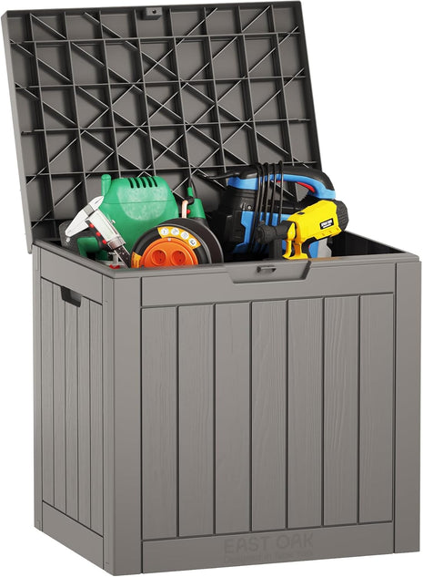 EAST OAK 120 Gallon Outdoor Storage Box | Large Resin Deck Box with Reinforced Stainless Steel Support | Waterproof & UV-Resistant Patio Storage Box for Cushions, Garden Tools & Accessories, Grey