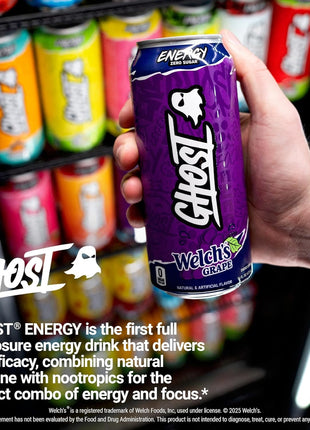 GHOST Energy Drink, Zero Sugars, 12-Pack, Welch's Grape, 16oz | Energy & Focus Pre Workout Drink, No Artificial Colors, Gluten-Free, Vegan - 200MG Natural Caffeine, L-Carnitine, Taurine
