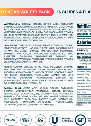 DripDrop Sugar Free Hydration Packets   Zero Classic Variety Pack   Single Serve Electrolytes Powder Drink Mix   Lemon Lime, Watermelon, Peach, Passion Fruit   Non GMO, Gluten Free, Vegan   32 Sticks