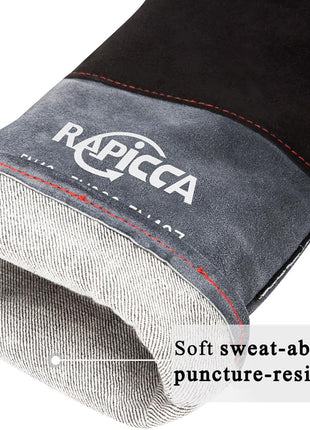 RAPICCA Animal Handling Gloves Bite Proof Double Leather Reinforced Padding Dog,Cat Scratch,Bird Handling Falconry Gloves Grabbing Reptile Squirrel Snake Bite 16in Grey-Black