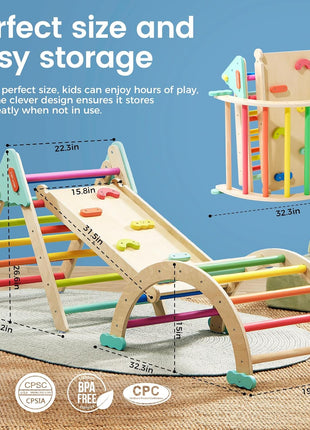Tiny Land Pikler Triangle Set,7-in-1 Foldable Montessori Climbing Toys | Indoor Wooden Playground Jungle Gym for Kids, Climber Gift for Boys & Girls Toddler Climbing Toys (Rainbow)