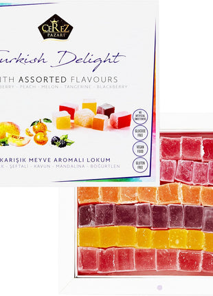 Cerez Pazari Turkish Delight Candy With Assorted Flavors 16 oz, Gourmet Snacks Gift Box, No Nuts Sweet Traditional Confectionery Vegan Candy Dessert Lokum Loukoumi Approx.33-38 pcs