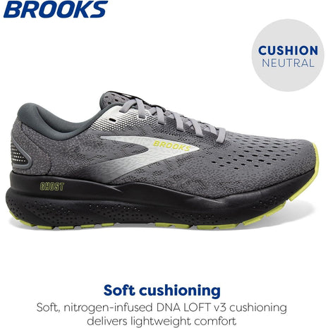 Brooks Men’s Ghost 16 Neutral Running Shoe - Primer/Grey/Lime - 10.5 Medium