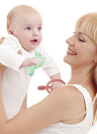 MISSLILI Baby Teething Toys with Easy-Hold Handle, Infant Toothbrush | Textured On Both Sides Helps Massage, Soothe Sore Gums, Silicone Teething Toys for Babies 0 3 6 12 36 Months Bright.