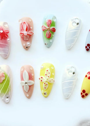 Handmade Medium Almond Nails Thick Press on Nails Aurora Colourful Fake Nails with 3D Tropical Flower Art Design Reusable Acrylic False Nails, Nature Stick on Nail for Wome (Size S)
