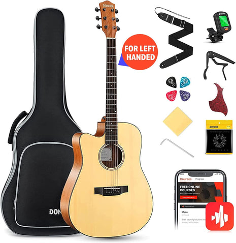 Donner Left Handed Acoustic Guitar Kit for Beginner Adult Full Size Cutaway Lefty Acustica Guitarra Bundle Set with Bag Strap Tuner Capo Pickguard String, 41 Inch, DAG 1CL
