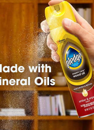 Pledge Moisturizing Wood Oil, Furniture Reviving and Protecting Conditioner and Dusting Spray, Revitalizes Wood, Sealed Leather and Laminate, Made with Mineral Oils - Amber & Argan Scent, 9.7oz