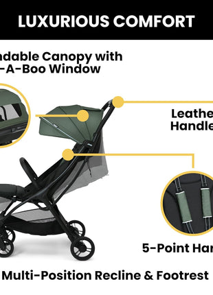 Jeep Altitude Compact Travel Stroller by Delta Children Greenguard Gold, Easy One Hand Fold, Lightweight, Extendable Canopy with Peek-a-Boo Window, Reclining Seat, 4 Wheel Suspension, Olive Green