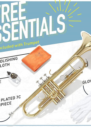 Mendini By Cecilio Bb Standard Trumpet Set for Beginners   Brass Student Trumpet Instrument with Hard Case, 7C Mouthpiece, Valve Oil, Cleaning Cloth, Gloves (Gold)