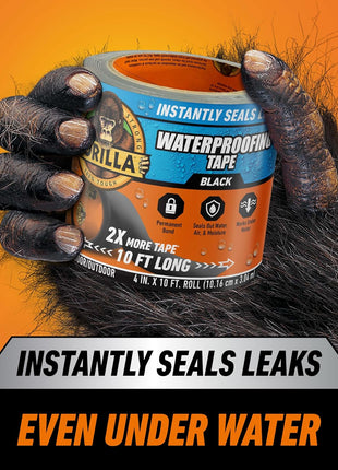 Gorilla Waterproof Patch & Seal Tape, Black Tape, 4 inch x 10' (Pack of 1) - Permanent Weather Resistant Seal for Leaks and Repairs