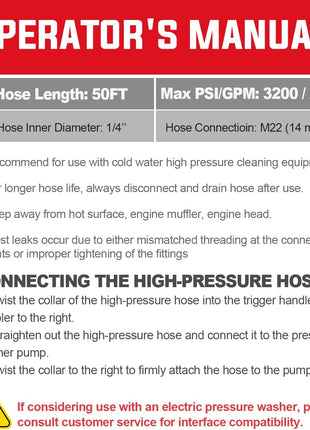 YAMATIC Pressure Washer Hose 50FT x 1/4 inch, 3200 PSI Kink Resistant OEM-Quality Upgrade Power Washer Replacement/Extension with M22-14mm Brass Fittings for Ryobi, Troy Bilt, Greenworks, CRAFTSMAN