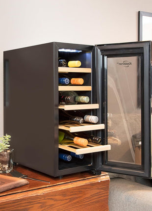 Koolatron Deluxe 12 Bottle Wine Cooler with Beech Wood Racks, Black, Thermoelectric Wine Fridge, 1 cu. ft. Freestanding Wine Refrigerator, Red, White and Sparkling Wine Storage for Kitchen or Home Bar