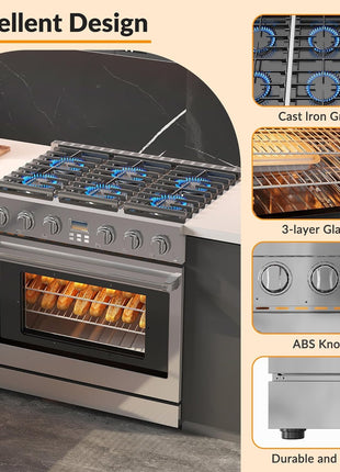 36 Inch Freestanding Dual Fuel Range Oven Stove, 6.0 Cu. Ft True Convection and Self Clean, Cooktop 6 Sealed Gas Burners, Stainless Steel