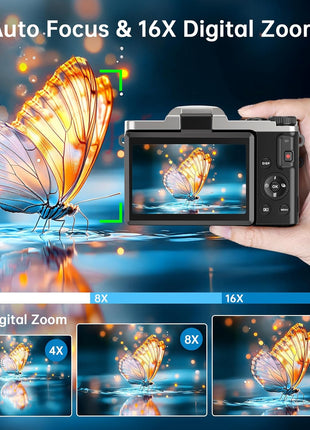 4K Digital Camera for Photography with WiFi, 2025 Latest Auto-Focus Vlogging Camera for YouTube Video 3'' 180° Flip Screen Travel Cameras 16X Zoom Anti-Shake 4K Cameras with SD Card, 2 Batteries