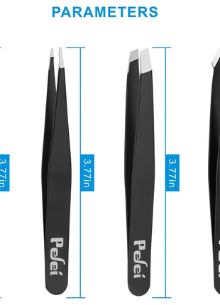 Pefei Tweezers Set - Professional Stainless Steel Tweezers for Eyebrows - Great Precision for Facial Hair, Splinter and Ingrown Hair Removal (Black)