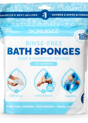 Scrubzz Disposable Rinse Free Bathing Wipes - 25 Pack - All-in-1 Single Use Shower Wipes, Simply Dampen, Lather, and Dry Without Shampoo or Rinsing