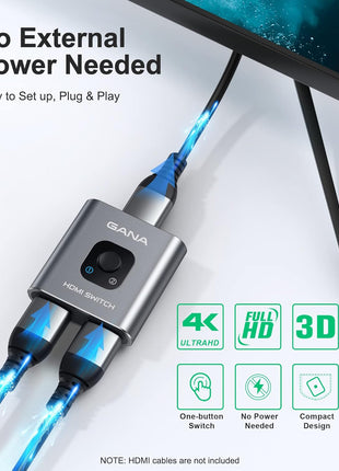 HDMI Switch 4k@60hz Splitter, GANA Aluminum Bidirectional HDMI Switcher 2 in 1 Out, Manual HDMI Hub Supports HD Compatible with Xbox PS5/4/3 Blu-Ray Player Fire Stick Roku